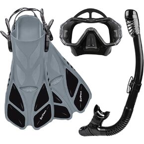 Snorkeling Gear Set - Adjustable Short Fins, Anti-Fog Mask, 3-Piece Dry Top Snorkel, Travel Size with Gear Bag for Adults, Men, Women, Swimming, Diving, Snorkeling