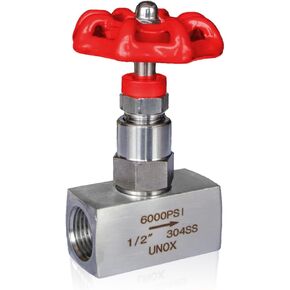 Unox 1/2" Stainless Steel 304 Needle Valve for Liquid and Gas Needle Flow Control Valve, 6000 PSI, Durable Industrial Valve for Oil, Gas and Chemicals, Power Plants, HVAC