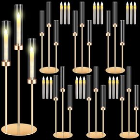Tandefio 6 Set Gold Candelabra Centerpiece with 18 LED Candles 3 Arm Clear Candlestick Metal Candle Holder with Shade Circular Base for Wedding Party Table Decoration Fit 0.87 LED Candle