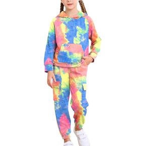 LecGee Kid Girls 2 Piece Outfits Tie Dye Hoodie Sweatsuit Sets Long Sleeve Pullover Sweatshirt and Jogger Pants Set