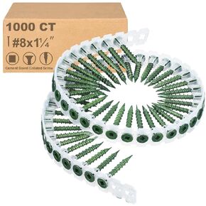 1000 Count #8 x 1-5/8 Inch Cement Board Collated Screw Deck Screws Square Head Drive Collated Drywall Screws for Screw Gun, Fixing Cement Board, Green