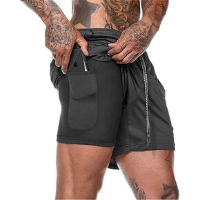 Men's 2 in 1 Workout Running Shorts Training Gym Short, Quick Dry Running Sports Athletic Shorts with Pockets