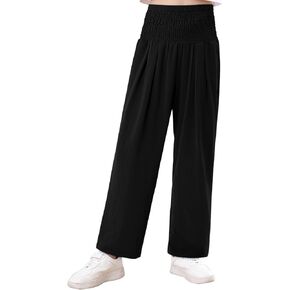 Yoklass Girls Pants Casual Smocked High Waist Pant Loose Wide Leg Long Trousers 4-14 Years