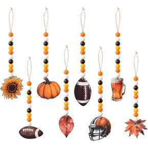 WATINC Fall Wood Bead Garland - 8pcs Autumn Wooden Beaded Garlands Decor with Tassels, Maple Leaf Hanging Ornament Decoration, Leaves Hang Pendant with Rope for Thanksgiving Harvest Party Tree Wall
