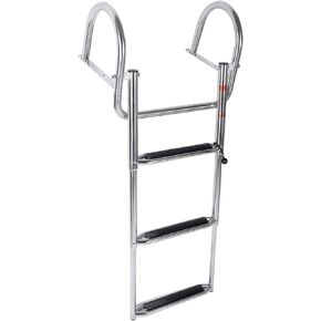 Amarine Made Stainless Steel in-Board 3 Steps 14‘’ Wide Telescoping Ladder Folding Dock Ladder with Double Pedals for Marine Boat Yacht Swimming Pool 550lbs Capacity