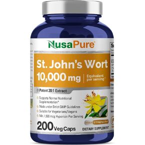 NusaPure St. John's Wort 10,000mg 200 Veggie Capsules (Vegetarian, Non-GMO) Bioperine