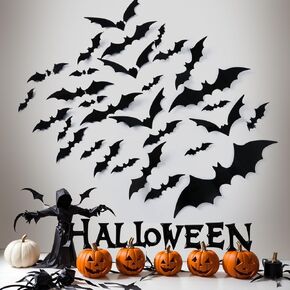 170PCS Halloween Decoration Bats Wall Decor in 6 Sizes, Realistic 3D PVC Black Waterproof Scary Bat Sticker for Creepy Home Decor DIY Wall Decal Bathroom Indoor Halloween Party Decorations