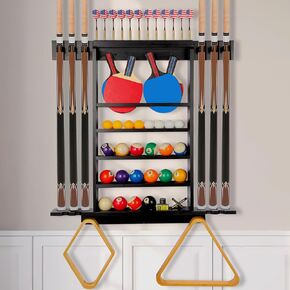 Pool Stick Holder Wall Mount, Pool Cue Rack, Ping Pong Paddle Holder, Dart Holder 3-IN-1,100% Solid Wood Billiard Cue Racks,12 Steel/Soft Tip Darts and Table Tennis Accessories for Man Cave