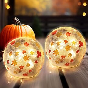 2 Pcs Thanksgiving Centerpiece Decorations 3.9 inch Crackle Glass Globe Ball with LED Lights for Fall Indoor Tabletop Mantel Thanksgiving Centerpiece Decorations