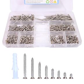 420 pcs Set of Carbon Steel, M3 Flat Head Wood Screws - Phillips recessed countersunk Head Tapping Screws, zinc Plated for Durability, Includes 20pcs M6 Screw Anchors (Color)