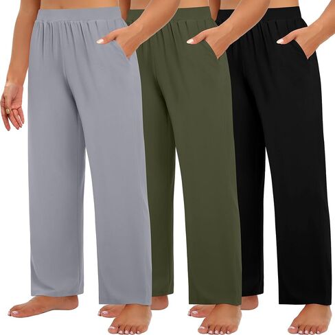 Huukeay 3 Pack Women's Plus Size Pants, High Waisted Wide Leg Pants Casual Pajamas Pants Loose Yoga Sweatpants with Pockets in Kuwait