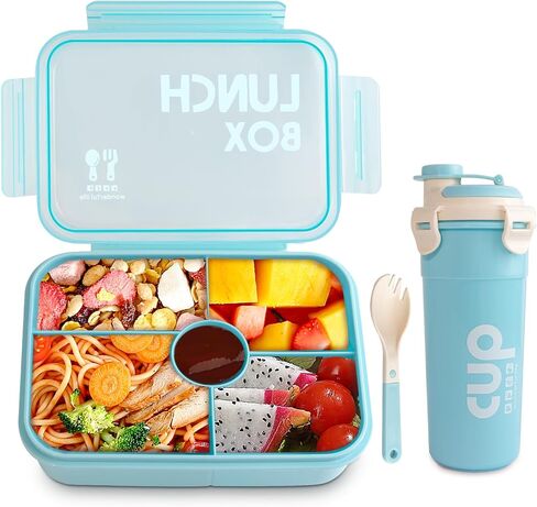 2 Pack Set - Leakproof Large Bento Box（34oz）and Water Bottle（28oz）for Adults/Kids, Bento Lunch Boxes with 5 Compartments and Utensils, BPA-Free, Microwave/Dishwasher Safe Lunch Containers in Saudi Arabia