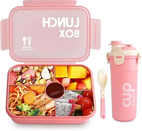 2 Pack Set - Leakproof Large Bento Box（34oz）and Water Bottle（28oz）for Adults/Kids, Bento Lunch Boxes with 5 Compartments and Utensils, BPA-Free, Microwave/Dishwasher Safe Lunch Containers in Saudi Arabia