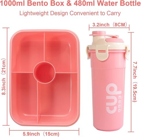 2 Pack Set - Leakproof Large Bento Box（34oz）and Water Bottle（28oz）for Adults/Kids, Bento Lunch Boxes with 5 Compartments and Utensils, BPA-Free, Microwave/Dishwasher Safe Lunch Containers in Saudi Arabia