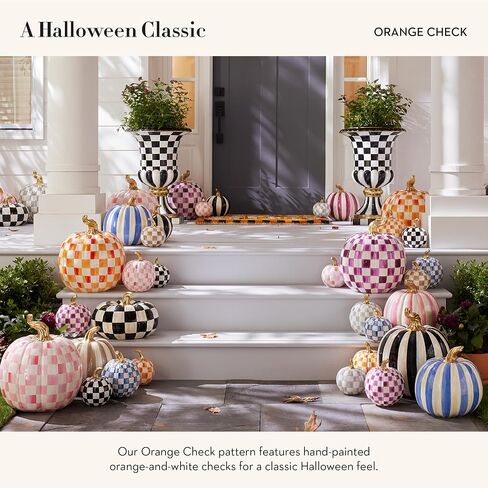 MACKENZIE-CHILDS Small Pumpkin, Resin Halloween Home Decor, Pink-and-White Bubblegum Pink Check in Saudi Arabia