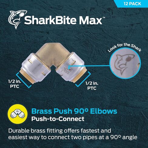 SharkBite Max 1/2 Inch 90 Degree Elbow, Push to Connect Brass Plumbing Fitting, PEX Pipe, Copper, CPVC, PE-RT, HDPE, UR248A in Saudi Arabia