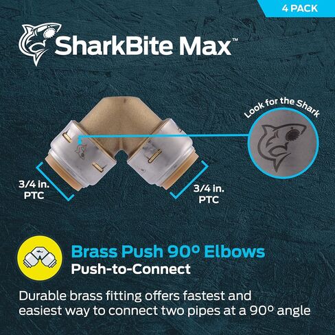 SharkBite Max 1/2 Inch 90 Degree Elbow, Push to Connect Brass Plumbing Fitting, PEX Pipe, Copper, CPVC, PE-RT, HDPE, UR248A in Saudi Arabia