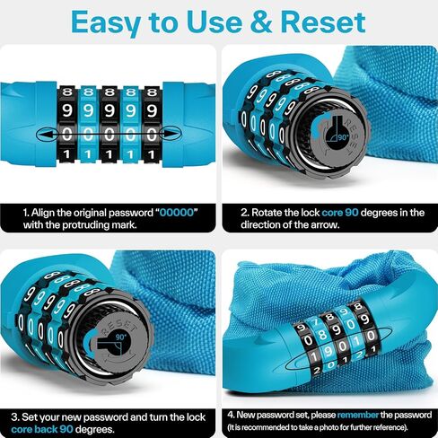 Sportneer Bike Lock: 5 Digit Combination High Security Anti Theft Bike Chain Lock - 3.2/3.6/4ft Heavy Duty Keyless Bicycle Lock for Bike, Motorcycle, Scooter, Door & Gate - 4/6mm Thick, Easy to Use in Saudi Arabia