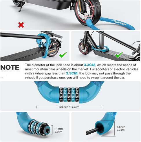 Sportneer Bike Lock: 5 Digit Combination High Security Anti Theft Bike Chain Lock - 3.2/3.6/4ft Heavy Duty Keyless Bicycle Lock for Bike, Motorcycle, Scooter, Door & Gate - 4/6mm Thick, Easy to Use in Saudi Arabia