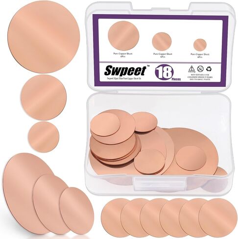 Swpeet 18 قطعة 3 مقاسات 3/4 بوصة 6/5 بوصة 2 بوصة مجموعة متنوعة من صفائح النحاس النقي، 0.02 بوصة سمك صفائح معدنية نحاسية طبق دائري نحاسي للحرف اليدوية، DIY، المجوهرات، الكهربائية، الإصلاح، الصناعية in Saudi Arabia