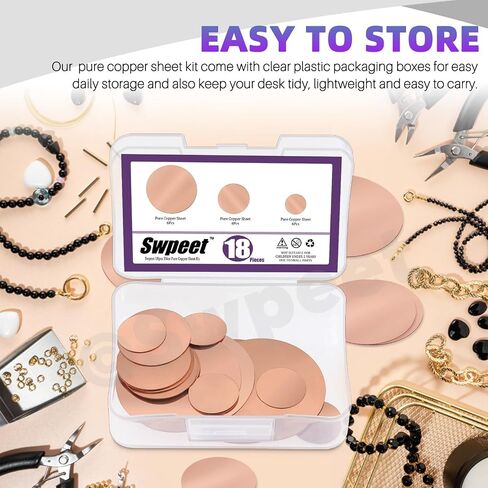 Swpeet 18 قطعة 3 مقاسات 3/4 بوصة 6/5 بوصة 2 بوصة مجموعة متنوعة من صفائح النحاس النقي، 0.02 بوصة سمك صفائح معدنية نحاسية طبق دائري نحاسي للحرف اليدوية، DIY، المجوهرات، الكهربائية، الإصلاح، الصناعية in Saudi Arabia