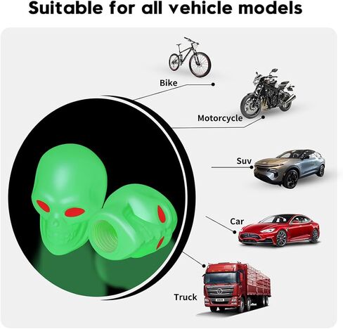 أغطية صمامات الإطارات المتوهجة على شكل جمجمة، 4 عبوات تناسب الجميع - سهلة التركيب، أغطية جذعية للإطارات مانعة للتسرب للسيارات والدراجات النارية والدراجات وسيارات الدفع الرباعي والشاحنات (أصفر) in Kuwait