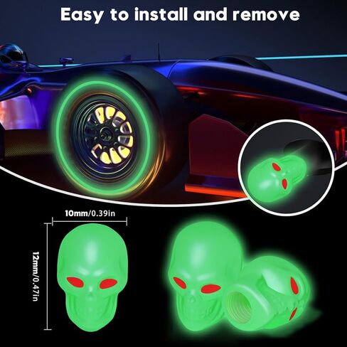 أغطية صمامات الإطارات المتوهجة على شكل جمجمة، 4 عبوات تناسب الجميع - سهلة التركيب، أغطية جذعية للإطارات مانعة للتسرب للسيارات والدراجات النارية والدراجات وسيارات الدفع الرباعي والشاحنات (أصفر) in Kuwait