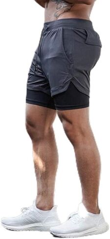Men's 2 in 1 Workout Running Shorts Training Gym Short, Quick Dry Running Sports Athletic Shorts with Pockets in Saudi Arabia