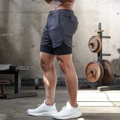 Men's 2 in 1 Workout Running Shorts Training Gym Short, Quick Dry Running Sports Athletic Shorts with Pockets in Saudi Arabia