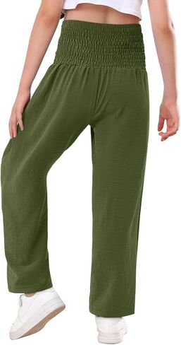 Yoklass Girls Pants Casual Smocked High Waist Pant Loose Wide Leg Long Trousers 4-14 Years in Saudi Arabia
