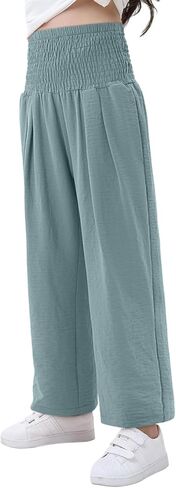 Yoklass Girls Pants Casual Smocked High Waist Pant Loose Wide Leg Long Trousers 4-14 Years in Saudi Arabia