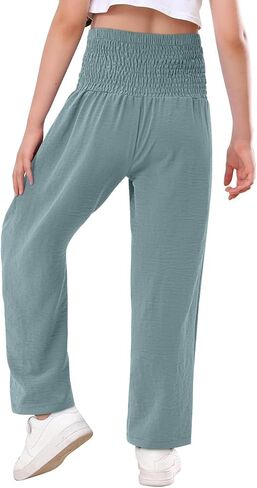Yoklass Girls Pants Casual Smocked High Waist Pant Loose Wide Leg Long Trousers 4-14 Years in Saudi Arabia
