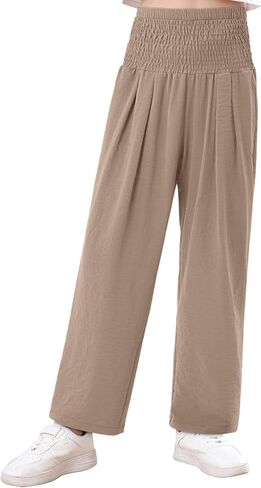 سروال بناتي من Yoklass سروال كاجوال Smocked عالي الخصر فضفاض واسع الساق طويل بنطلون 4-14 سنة in Kuwait