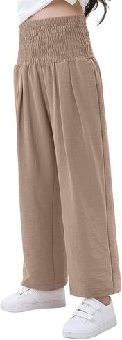 سروال بناتي من Yoklass سروال كاجوال Smocked عالي الخصر فضفاض واسع الساق طويل بنطلون 4-14 سنة in Kuwait