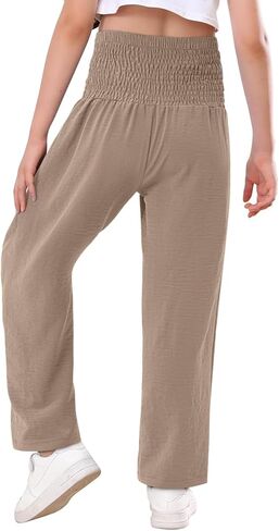 سروال بناتي من Yoklass سروال كاجوال Smocked عالي الخصر فضفاض واسع الساق طويل بنطلون 4-14 سنة in Kuwait