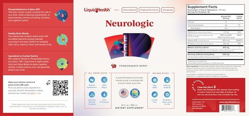 LIQUIDHEALTH 32 أونصة مكمل للتركيز العصبي السائل، منشط للوظيفة الإدراكية، مكمل للدماغ للذاكرة والتركيز، معزز للدماغ، الجنكة بيلوبا، الكولين، إل-ثيانين والفوسفاتيديل سيرين in Kuwait