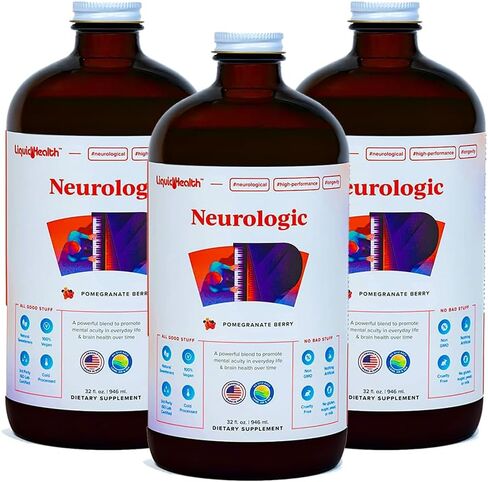 LIQUIDHEALTH 32 أونصة مكمل للتركيز العصبي السائل، منشط للوظيفة الإدراكية، مكمل للدماغ للذاكرة والتركيز، معزز للدماغ، الجنكة بيلوبا، الكولين، إل-ثيانين والفوسفاتيديل سيرين in Kuwait