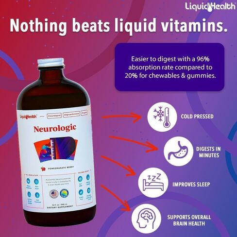LIQUIDHEALTH 32 أونصة مكمل للتركيز العصبي السائل، منشط للوظيفة الإدراكية، مكمل للدماغ للذاكرة والتركيز، معزز للدماغ، الجنكة بيلوبا، الكولين، إل-ثيانين والفوسفاتيديل سيرين in Kuwait
