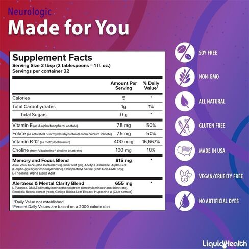 LIQUIDHEALTH 32 أونصة مكمل للتركيز العصبي السائل، منشط للوظيفة الإدراكية، مكمل للدماغ للذاكرة والتركيز، معزز للدماغ، الجنكة بيلوبا، الكولين، إل-ثيانين والفوسفاتيديل سيرين in Kuwait