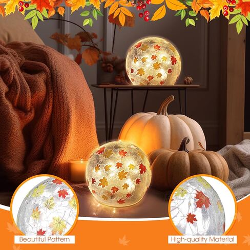 2 Pcs Thanksgiving Centerpiece Decorations 3.9 inch Crackle Glass Globe Ball with LED Lights for Fall Indoor Tabletop Mantel Thanksgiving Centerpiece Decorations in Saudi Arabia