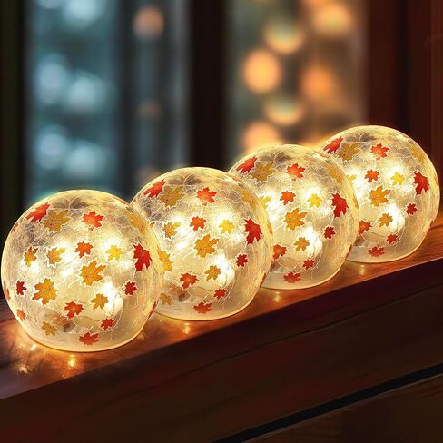 2 Pcs Thanksgiving Centerpiece Decorations 3.9 inch Crackle Glass Globe Ball with LED Lights for Fall Indoor Tabletop Mantel Thanksgiving Centerpiece Decorations in Saudi Arabia