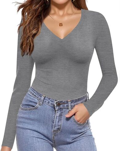 Ekouaer Long Sleeve Shirts for Women V Neck Basics Tops Lightweight Base Layer Slim Fit Top Thermal Undershirts in Kuwait