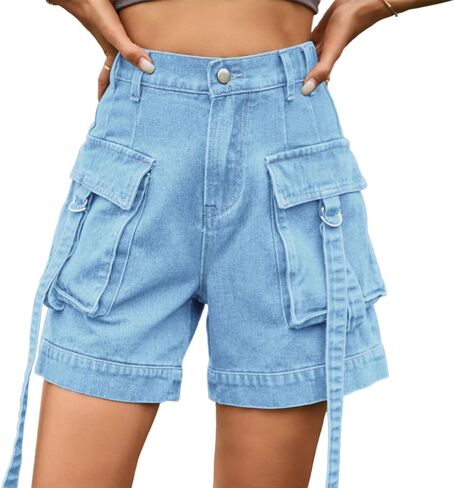 Denim cargo pants casual pocket shorts elastic waist women shorts in Saudi Arabia