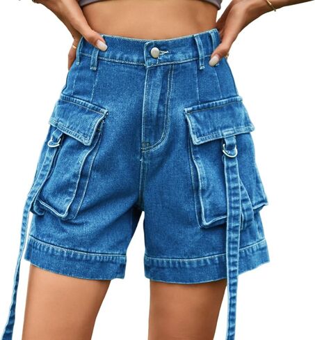 Denim cargo pants casual pocket shorts elastic waist women shorts in Saudi Arabia