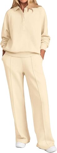 PRETTYGARDEN Women Fall 2 Piece Outfits Sweatsuits Quarter Button Long Sleeve Sweatshirt Wide Leg Pants Tracksuit Lounge Sets in Saudi Arabia