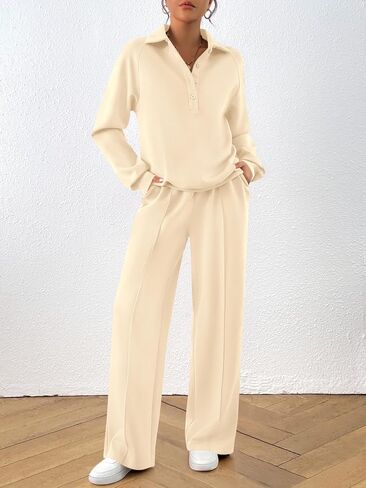 PRETTYGARDEN Women Fall 2 Piece Outfits Sweatsuits Quarter Button Long Sleeve Sweatshirt Wide Leg Pants Tracksuit Lounge Sets in Saudi Arabia
