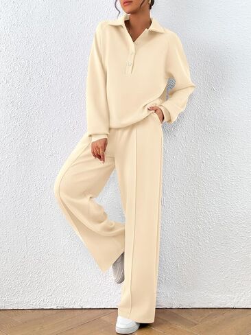 PRETTYGARDEN Women Fall 2 Piece Outfits Sweatsuits Quarter Button Long Sleeve Sweatshirt Wide Leg Pants Tracksuit Lounge Sets in Saudi Arabia