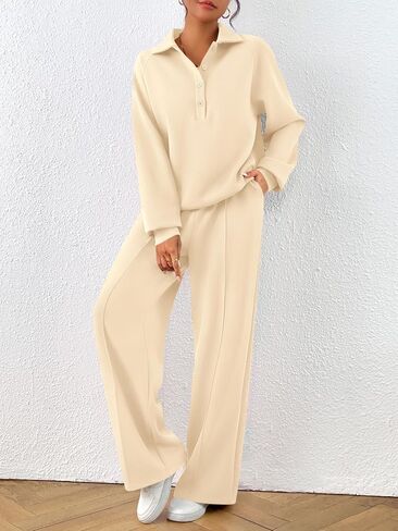 PRETTYGARDEN Women Fall 2 Piece Outfits Sweatsuits Quarter Button Long Sleeve Sweatshirt Wide Leg Pants Tracksuit Lounge Sets in Saudi Arabia