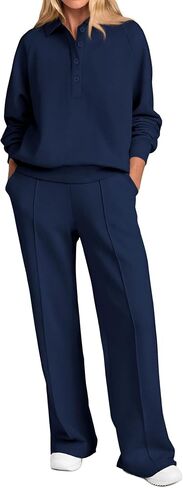 PRETTYGARDEN Women Fall 2 Piece Outfits Sweatsuits Quarter Button Long Sleeve Sweatshirt Wide Leg Pants Tracksuit Lounge Sets in Saudi Arabia