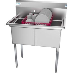 KoolMore 2 Compartment Stainless Steel NSF Commercial Kitchen Prep & Utility Sink with 2 Drainboards - Bowl Size 15" x 15" x 12", Silver, Left Drainboard